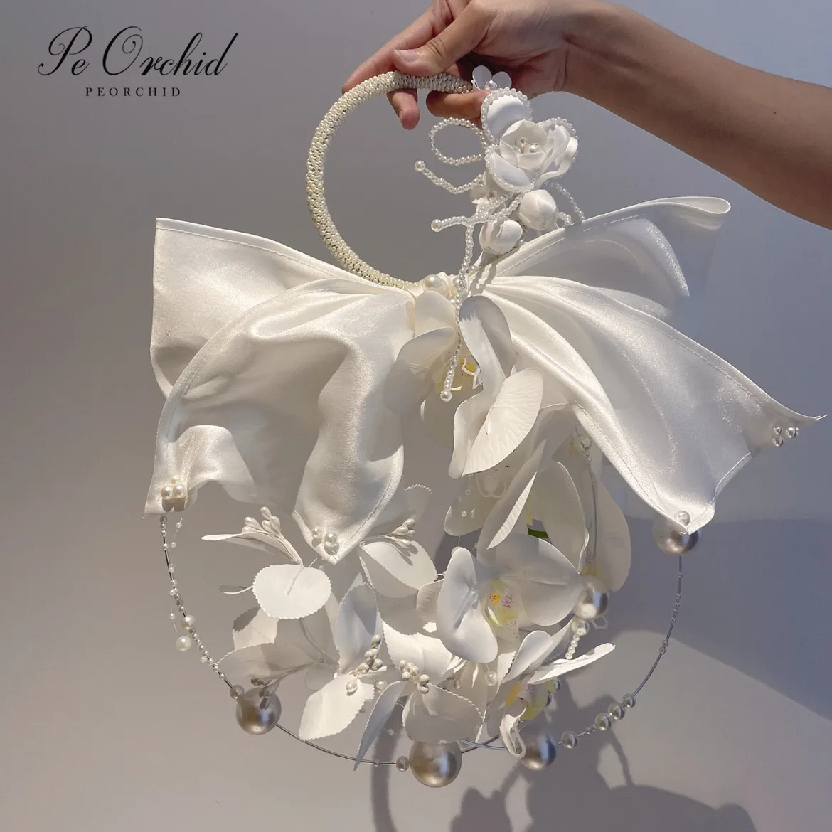 PEORCHID Fake Wedding Flowers Bridal Bouquet Pearls Big Bow Orchid Ramo Artificial Boda Bride Portable Bouquet Luxury 2022