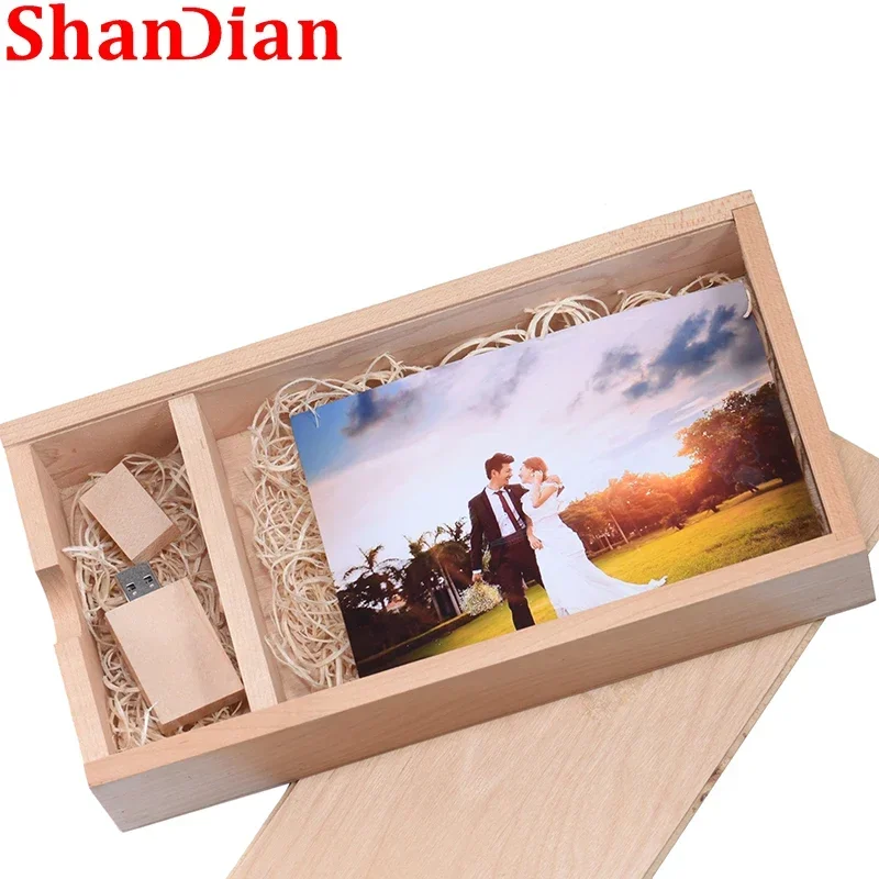 

SHANDIAN Wooden Box USB Flash Drive 128GB Album Photography Studio Gift Pen Drive 64G Free Custom Logo Memory Stick 32G Pendrive