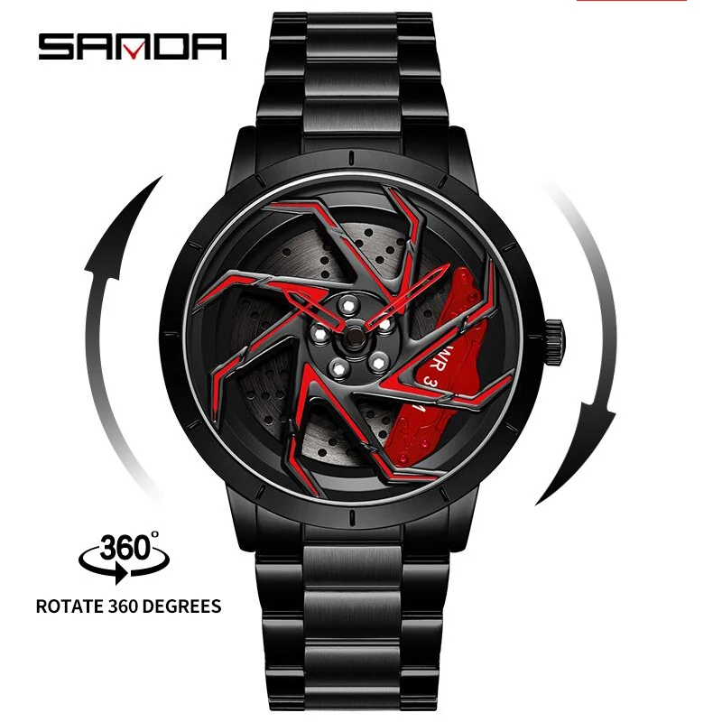 

Sanda P1088 Hot Sell Stainless Steel Band Watch Premium Quartz Movement Car Rim Wheel Shaped Rotating Dial Relogio Masculino