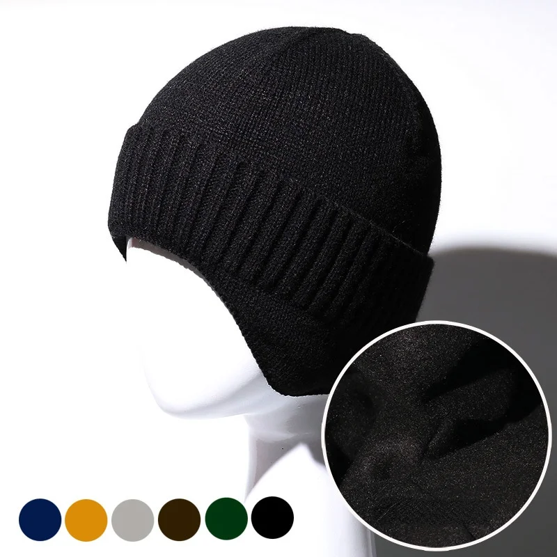 

Winter Earmuff Hat Women Men Outdoor Knitted Plus Velvet Thicken Warm Beanies Hat Ear Protection Bonnet Cover Head Earflap Cap