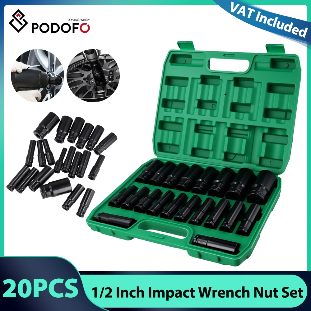Podofo 20pcs 1/2 Inch Drive Socket Set 6 Point Hex Design Impact Socket Set Impact Wrench Nut Spanner Set Impact Socket 8-32mm