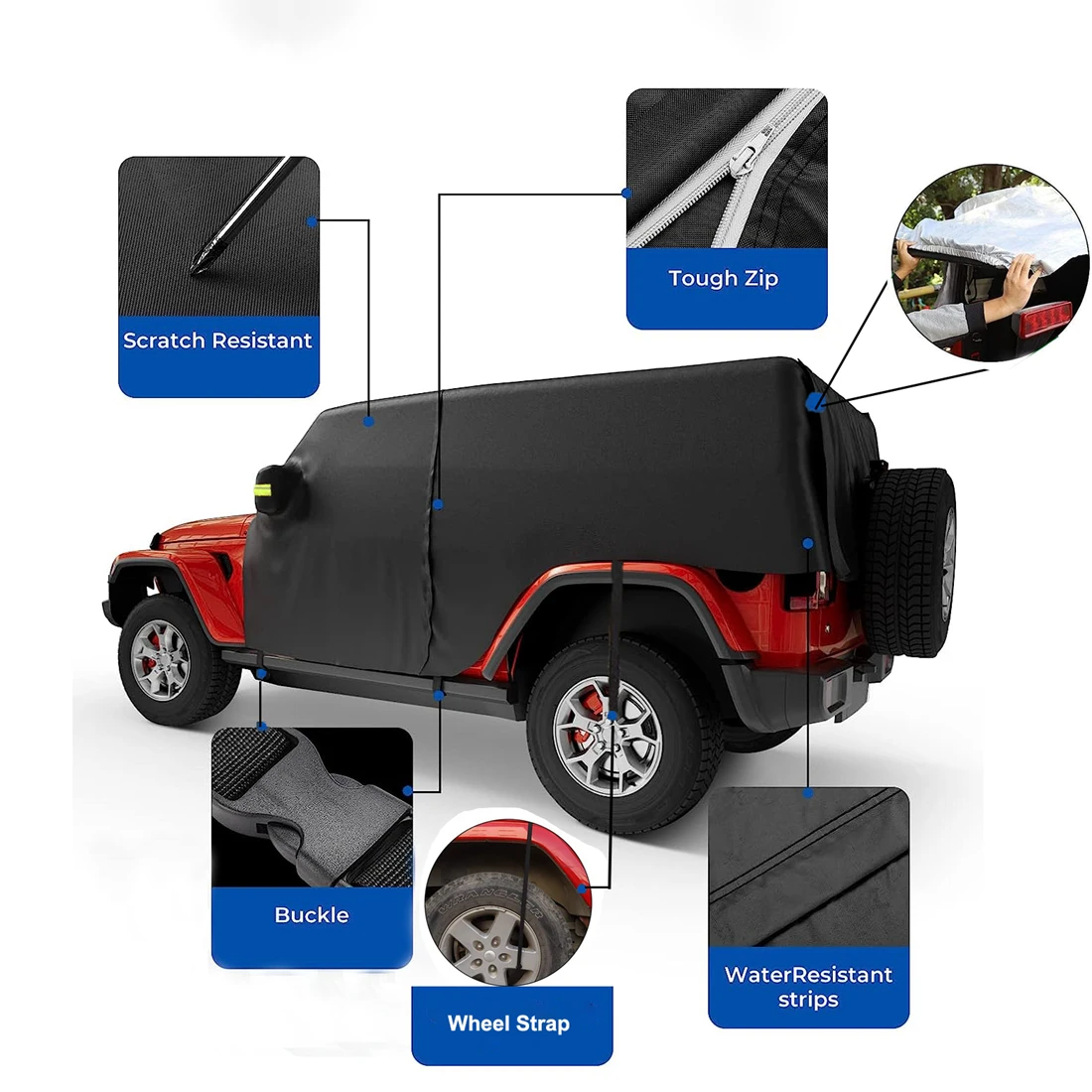 Car Cab Covers for Jeep Wrangler JK JL Hardtop 2/4 Doors 2007-2021 Outdoor Waterproof 210D Oxford Half Protector Cover