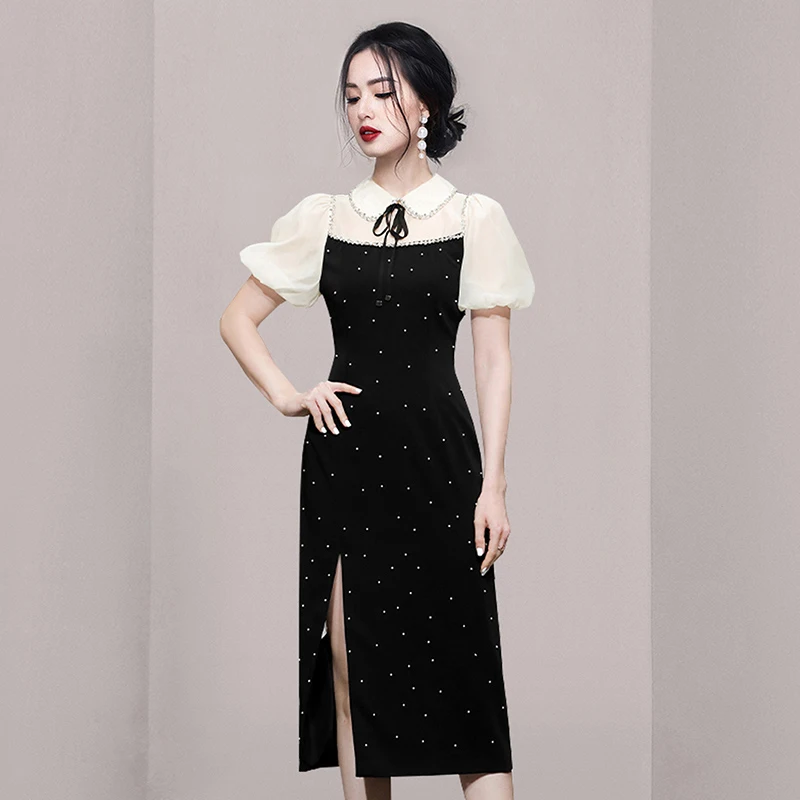 

High Quality Summer Women Fashion Elegant Temperament Peter Pan Collar Lantern Sleeve Embroidered Flares Patchwork Party Dress