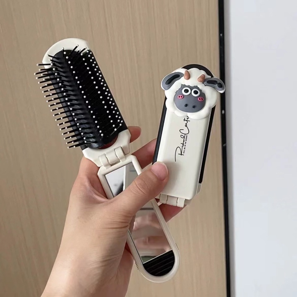 Folding Small Portable Airbag Comb Air Cushion Household Use, Children's and Women's Special Long Hair, Mirror Comb Integrated