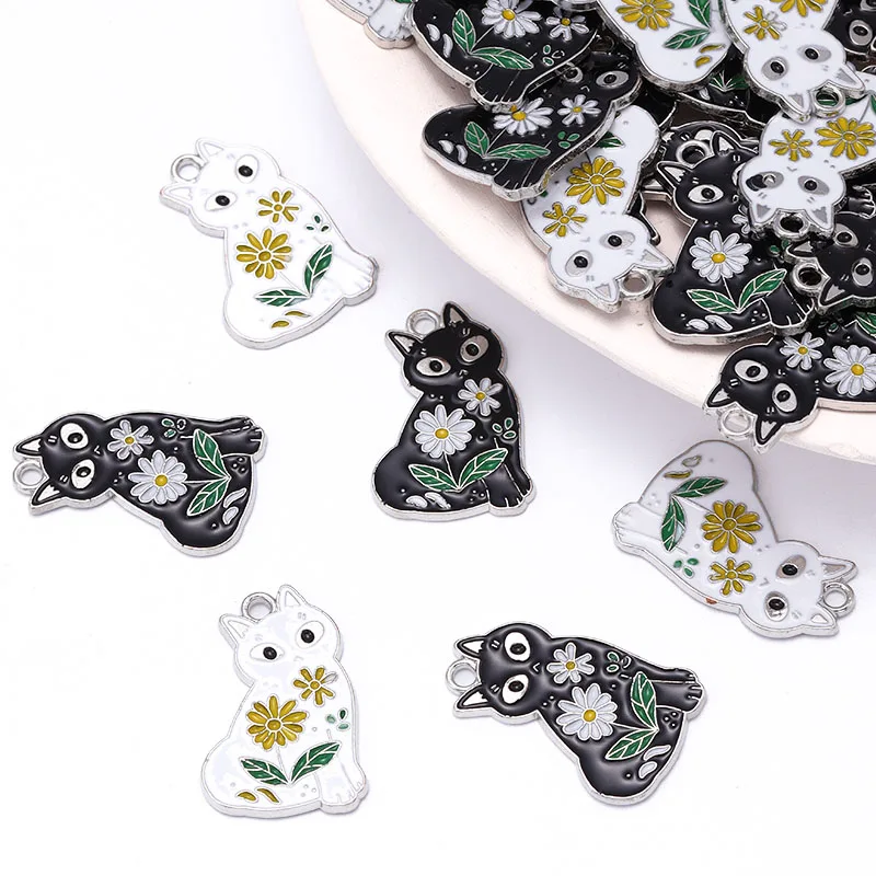 

10Pcs 18*27mm Enamel Dripping Cat Cherry Blossom Pendants Japanese Style Animal Charm for Jewellery Making DIY Keychain Bracelet