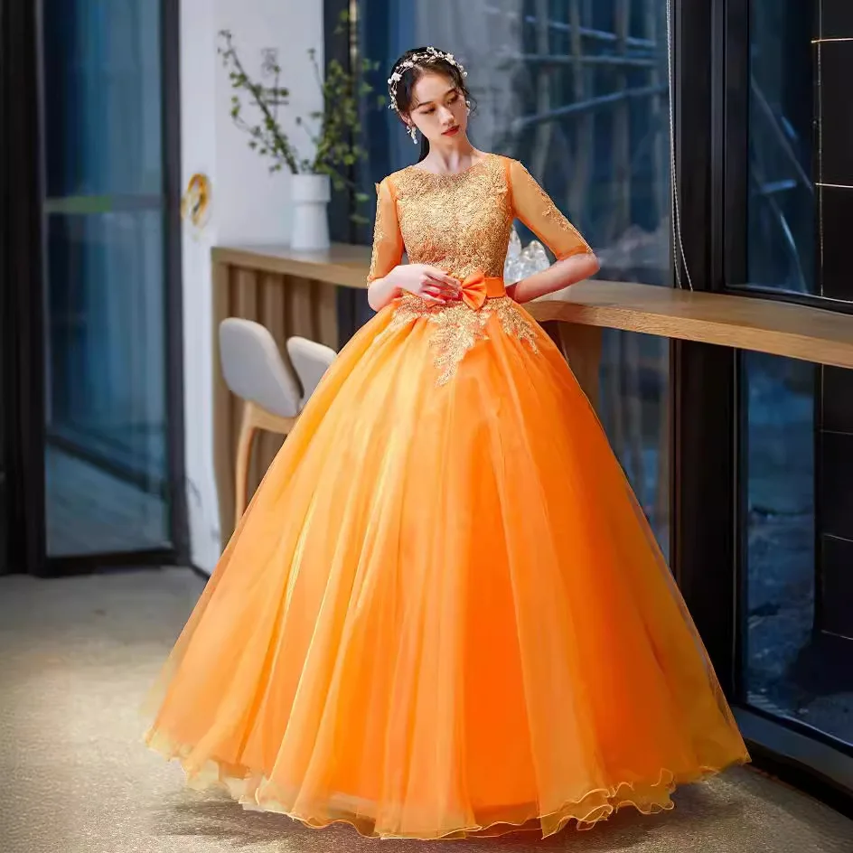 Orange Ball Gown Quinceanera Dresses Appliques Bow Prom Birthday Party Gowns Formal Occasion Vestido De Anos Sweet 16
