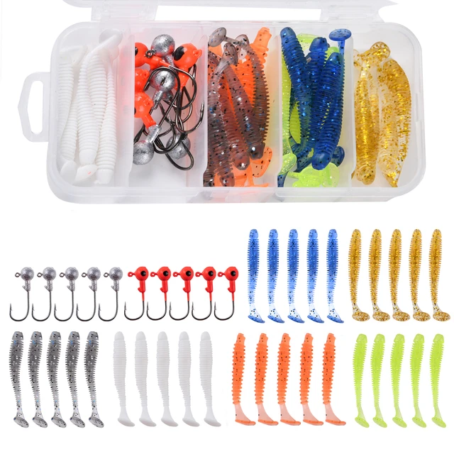 30pcs/Box Silicone Lure Rubber Worm Grubs T-Tail Pike Crochet Kit