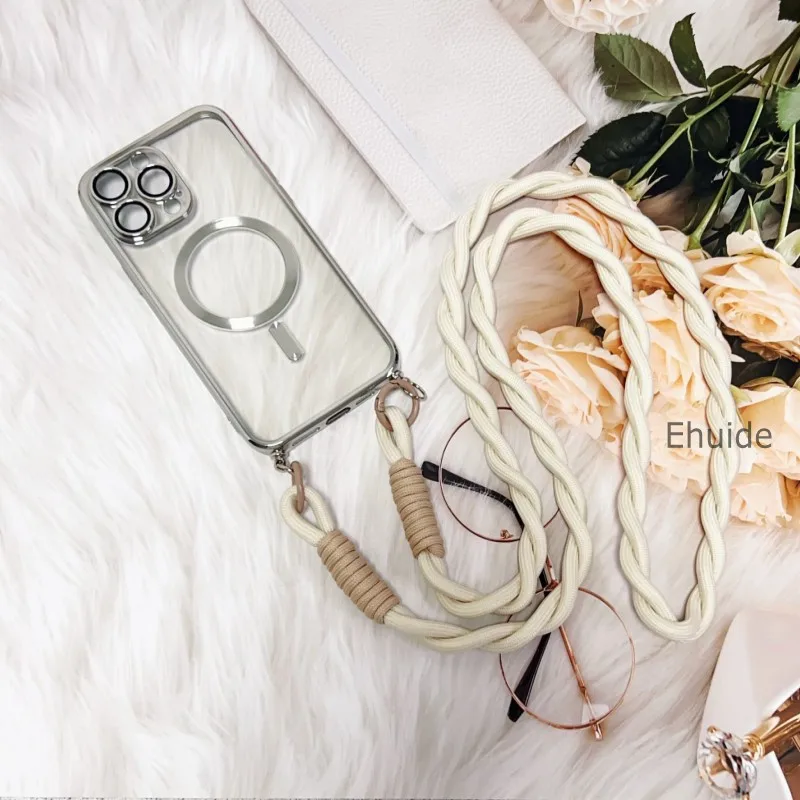 Magnetic Transparent Plating Case with Crossbody Lanyard Strap