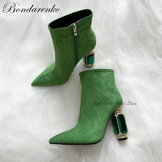 Green Satin Embroidered Floral Point Head Ankle Stiletto High Heels Boots  Shoes