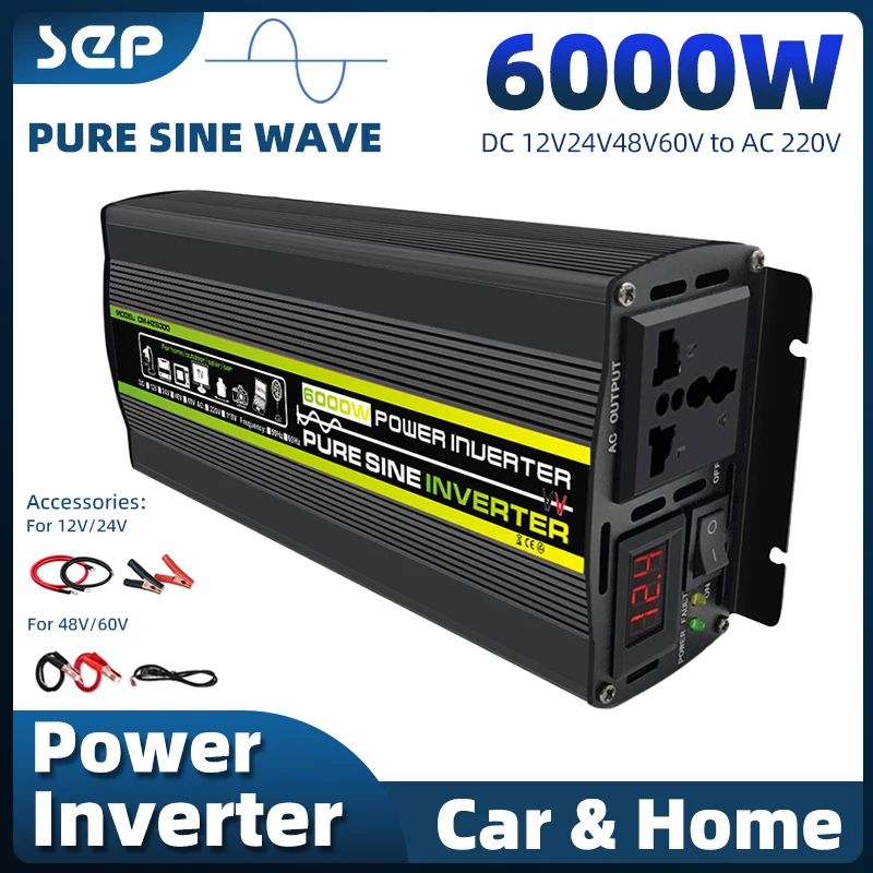 6000W Pure Sine Wave Inverter 12V24V48V60V to 220V Battery Cooling Fan Car Rv Camping Car Inverter