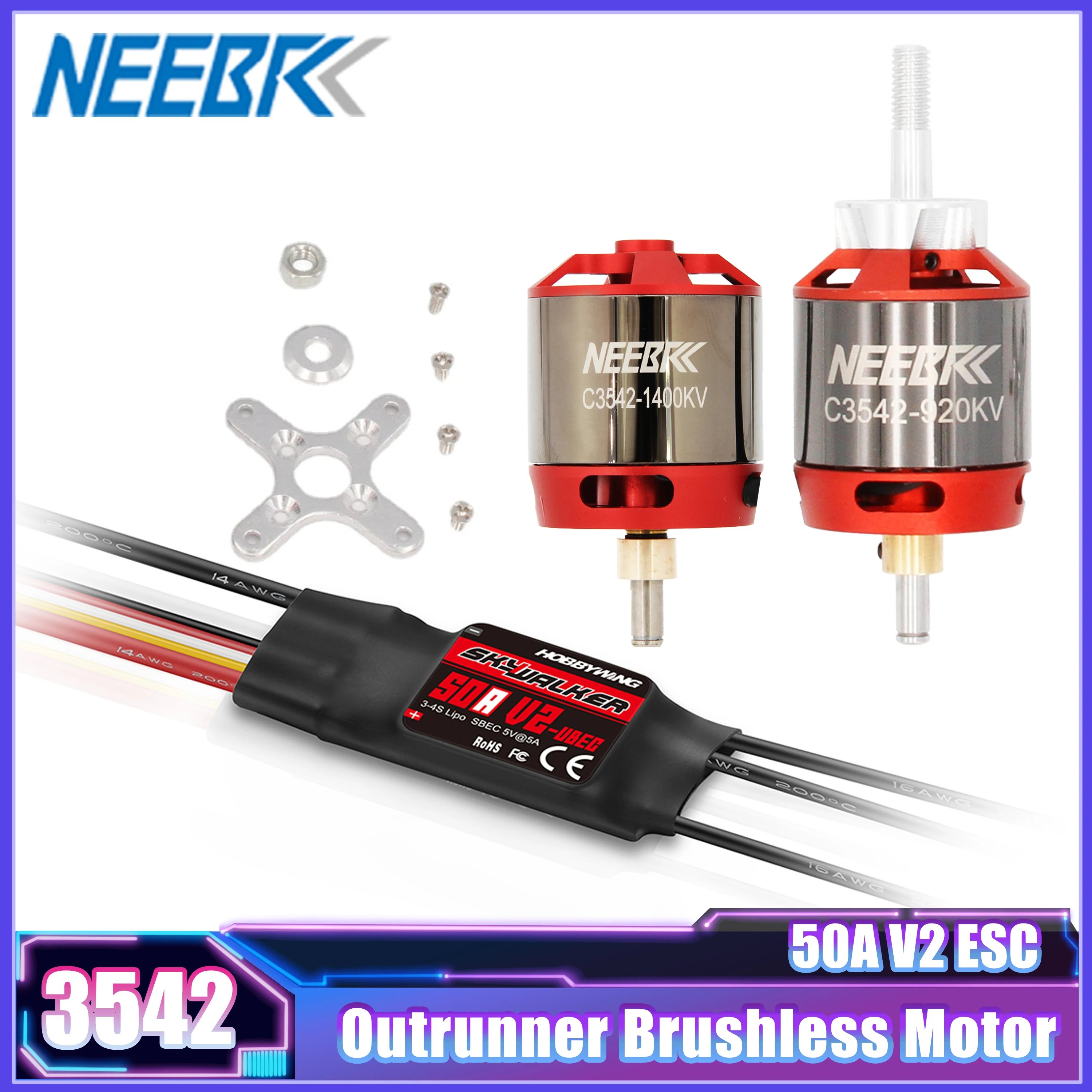 

NEEBRC 3542 920KV 1400KV Outrunner Brushless Motor with Hobbywing 50A V2 ESC for RC FPV Fixed Wing Glide Drone Aircraft Warbirds