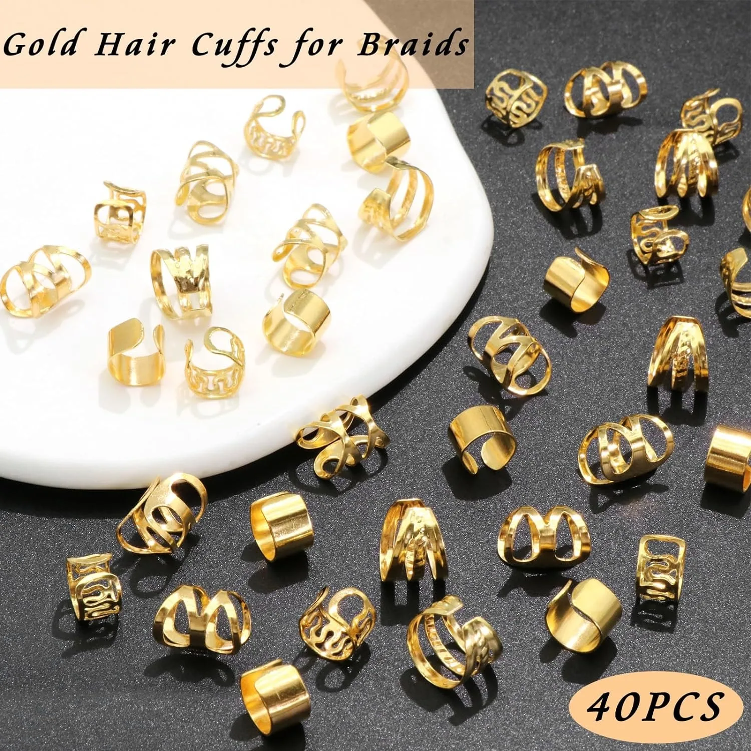 40PCS Hair Jewelry for Braids Gold Hair Cuffs Multi Style Rings Adjustable Hair Beads for Braid Loc Dreadlock Accessories