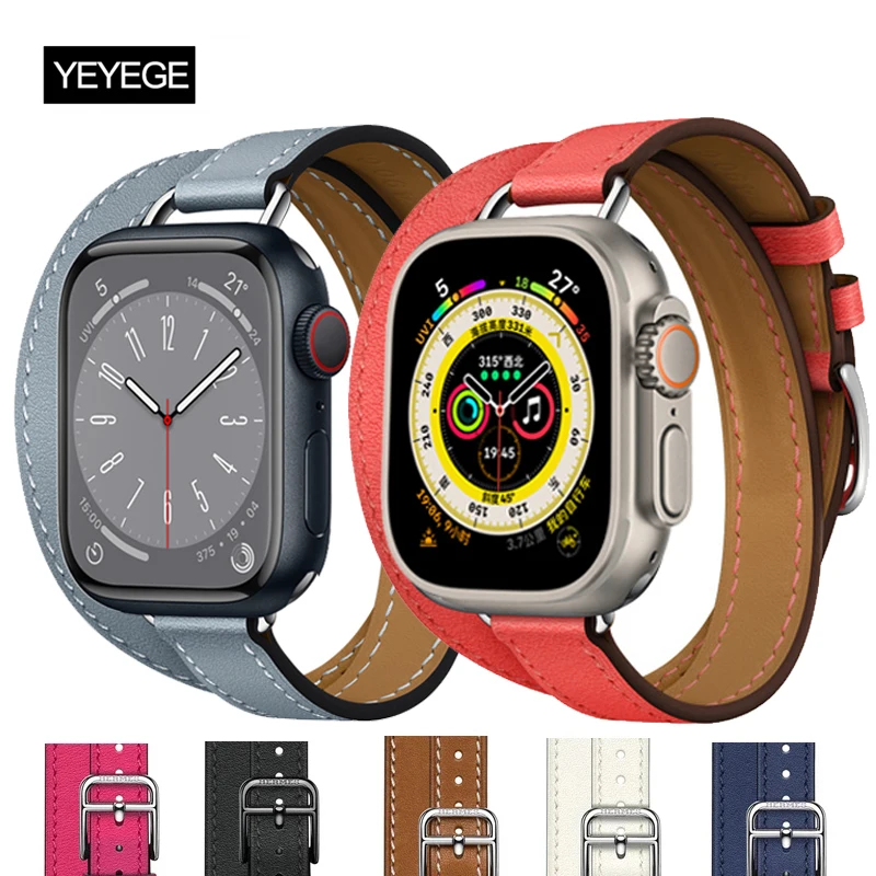 애플 워치 밴드용 슬림 어태티즈 더블 투어 가죽 스트랩, 울트라 49mm, 45mm, 41mm, 44mm, 42mm, 38, 40 팔찌
