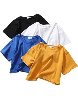 Summer Short Sleeve T Shirts Women  Solid T-shirt O Neck High Waist Crop Top Tee Female Casual Loose T Shirt 1