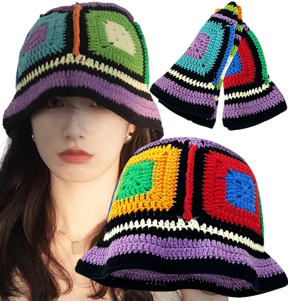 

Korean Style Colorful Crochet Bucket Y2k Knitted Hollow Hats Wome's Summer Beach Foldable Caps Banana Snapback Sun Hat Gorras