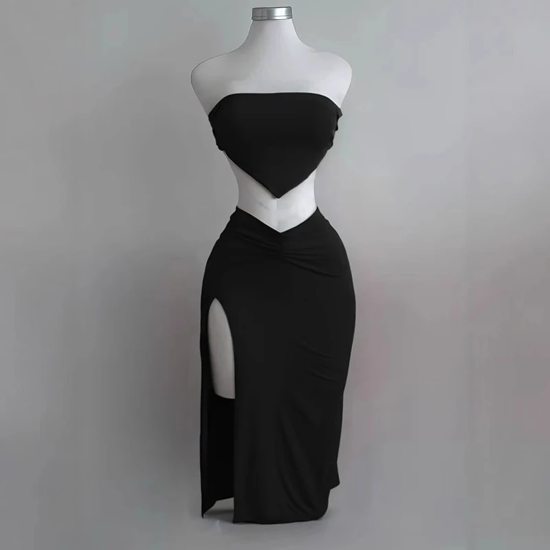 Spring and Summer New Solid Color Women's Two-piece Set Fashionable and Sexy Tight Tube Top Elegant Split-ended Hip Skirt Set