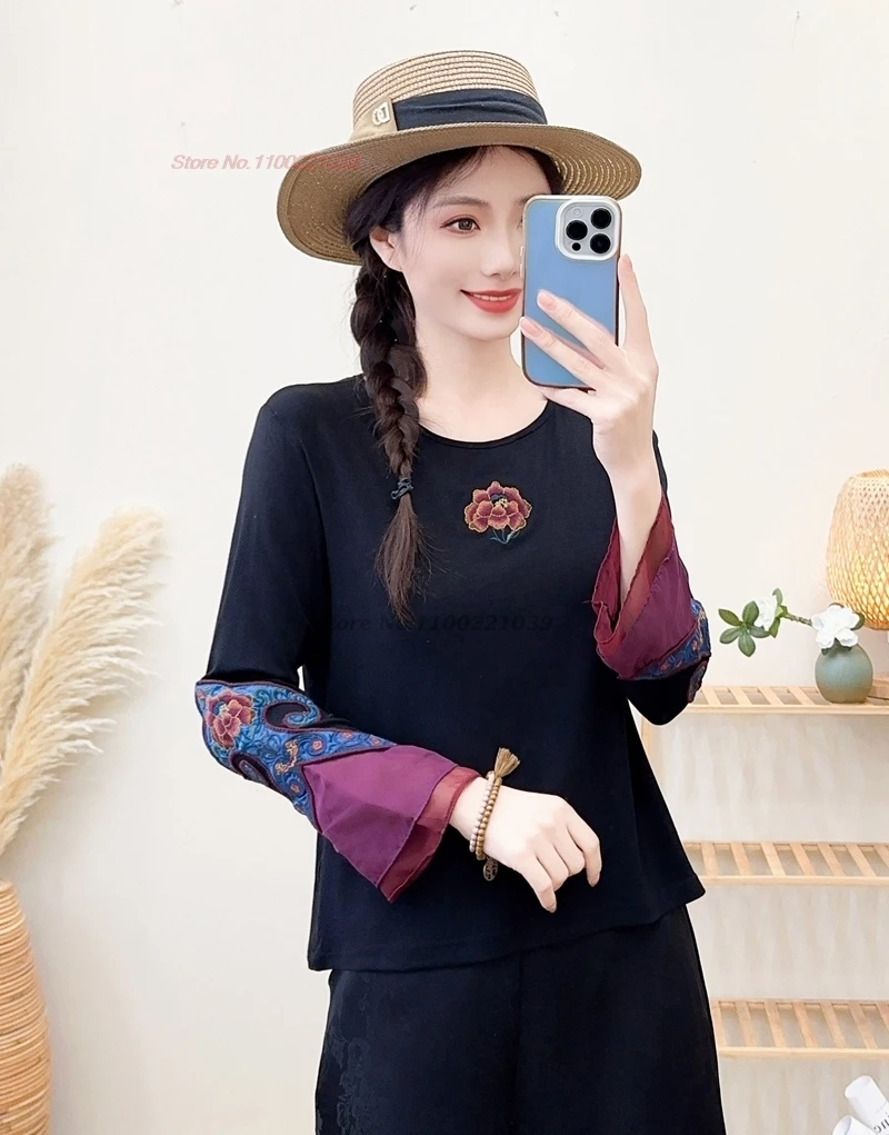 

2024 national flower embroidery ethnic o-neck shirt traditional folk base shirt vintage shirt hanfu top chinese retro t-shirt