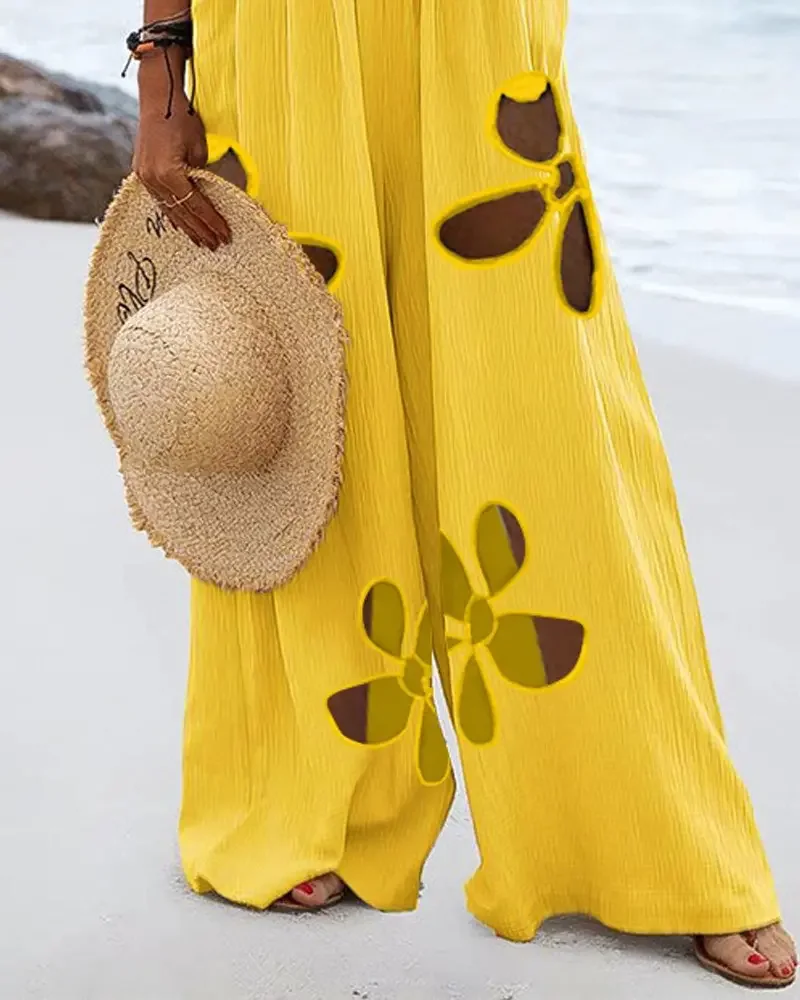 2024 New Summer Jumpsuits One Piece for Women Casual Button Pocket Design Square Neck Plants Print Wide Leg Suspender Jumpsuit