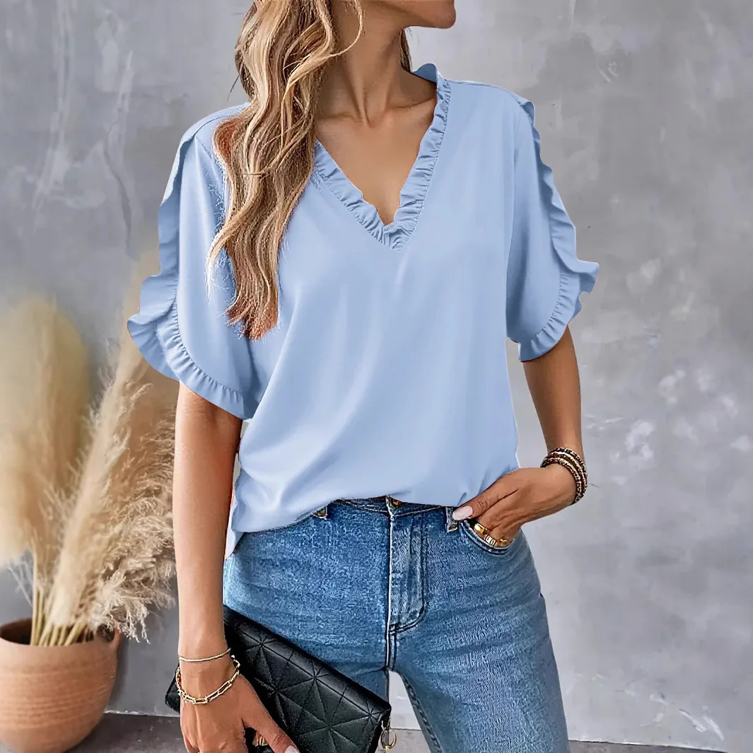 Women Loose Fit V Neck Short Sleeve Blouse