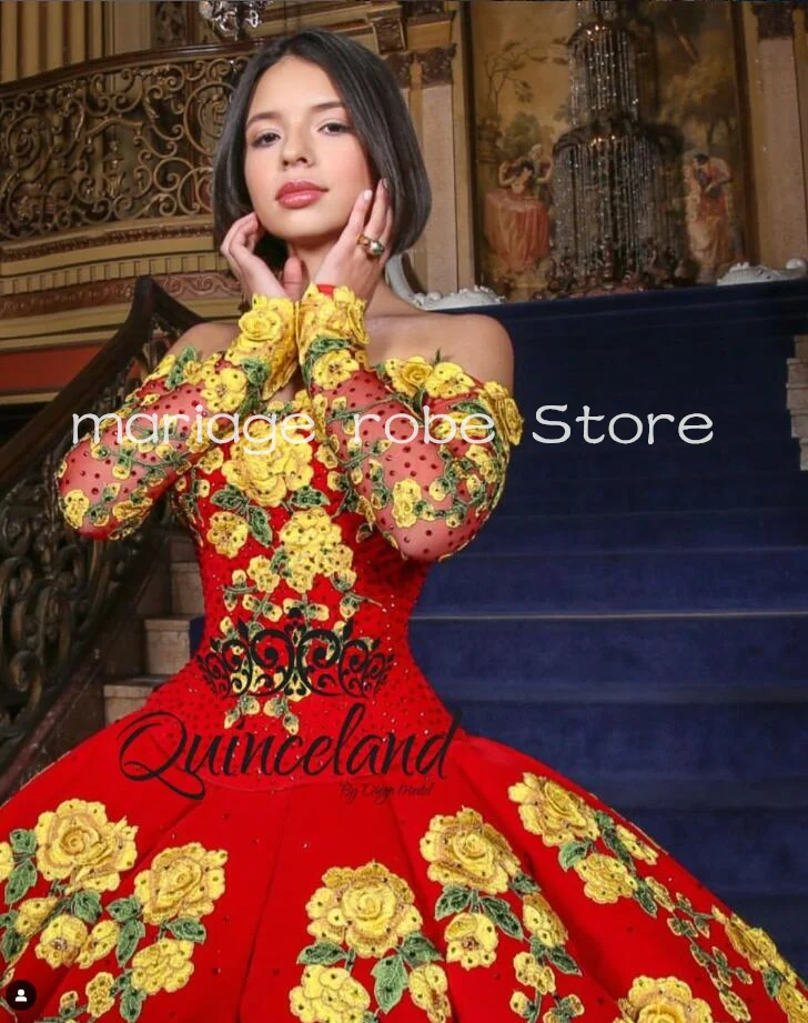 Angela aguilar Red Princess Quinceanera Dresses Long Sleeve Floral Applique  Embroidery Mexican Charro vestido de baile 15 anos - AliExpress