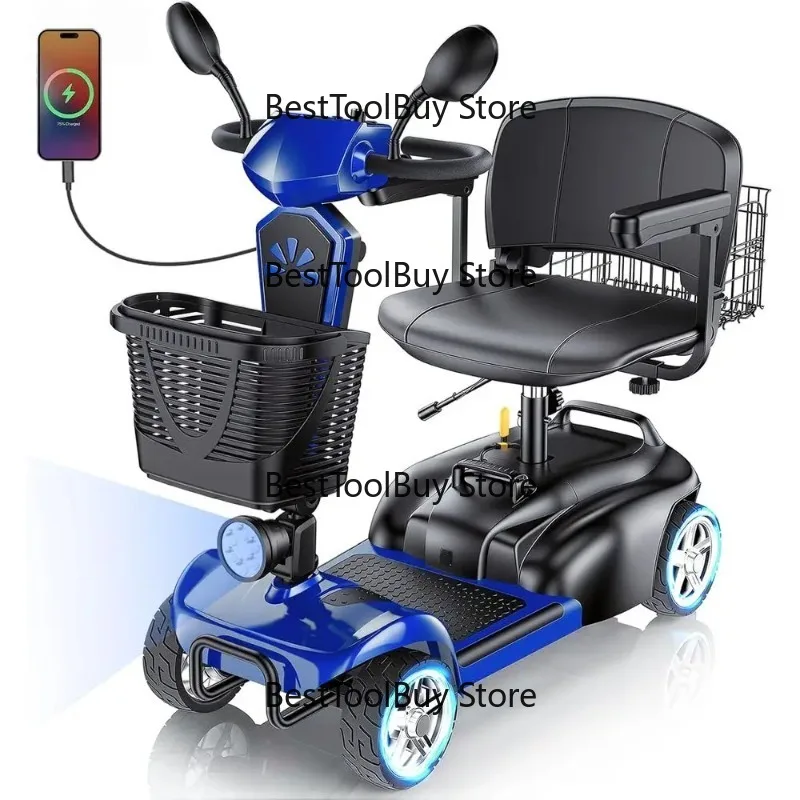 Monopattino Elettrico a 4 Ruote con Doppio Cestino, Motore da 350W, Sedile Girevole, Porta USB, Capacità 300 Libbre, Personalizzabile