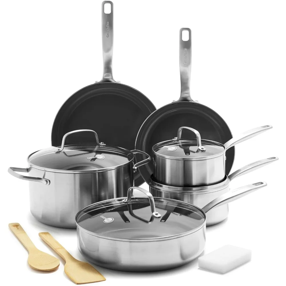 

GreenPan Chatham Tri-Ply Stainless Steel Healthy Ceramic Nonstick 12 Piece Cookware Pots and Pans Set, PFAS-Free