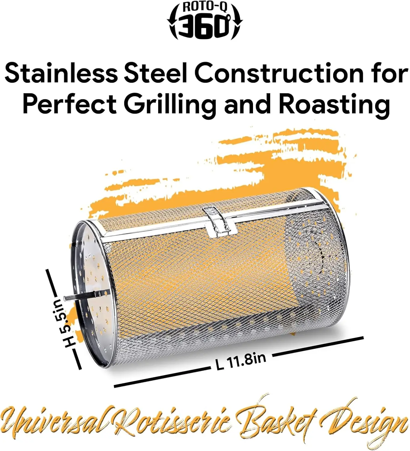 Rotisserie Kit w/Tumble Basket - Stainless Steel, Non-Electric - For Grills, Ovens, Smokers - Gas/Charcoal BBQ, 4