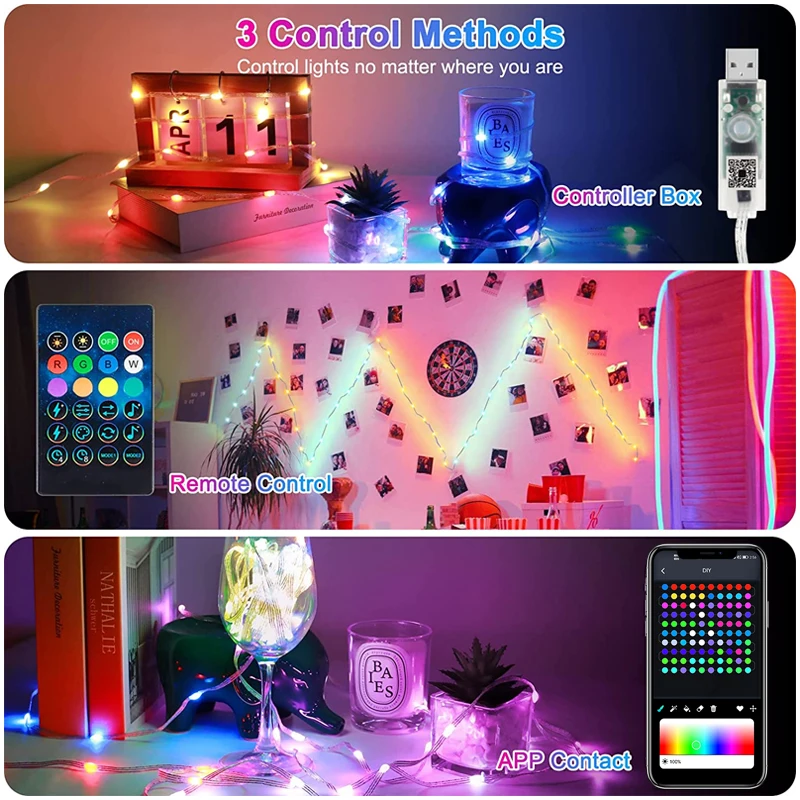 Guirlande lumineuse LED connectée RGBIC, Bluetooth, USB, contrôle via  application, décoration d'arbre de noël, lumières féeriques d'extérieur,  étanche - AliExpress