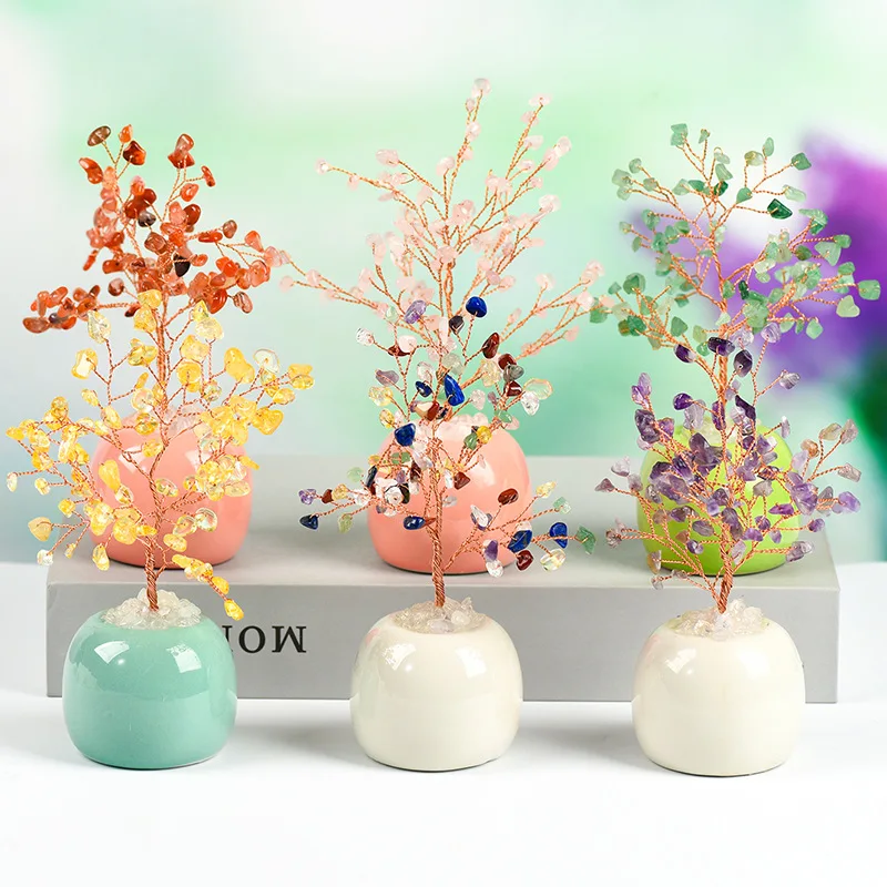

Crystal Money Tree Copper Wire Wrapped Colored Jar Base Feng Shui Trees Gemstone Potted Plants Stone Crafts Figurine Home Decor