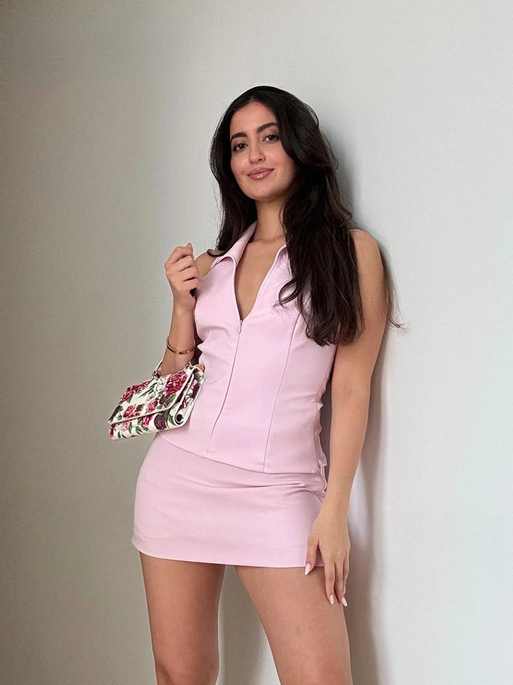 

Chic Women Summer Sleeveless 2 Piece Set High Waist Back Pocket Mini Skirts Shorts Sexy V-Neck Backless Suspender Zipper Top