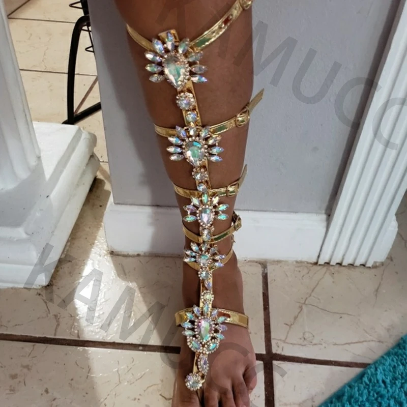 Summer Flats Sandal Gladiator Gold Rhinestone Knee High Buckle Strap Woman Boots Crystal Beach Shoes Large Size Shoes for Women