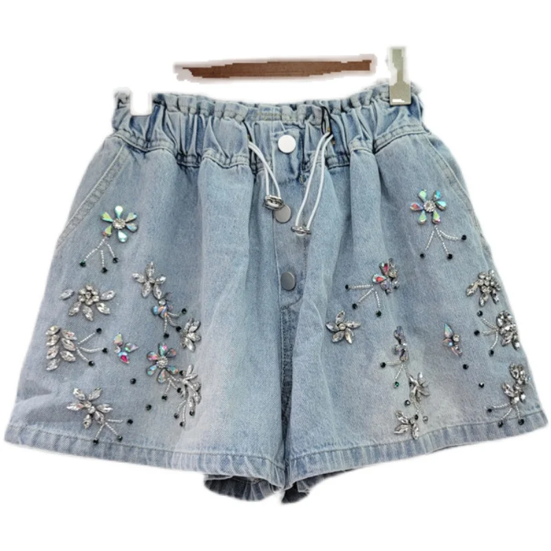 2023 Summer New Wide-Leg Denim Shorts for Women Heavy Industry Multicolored Beads Flower Diamond High Waist Shorts Female