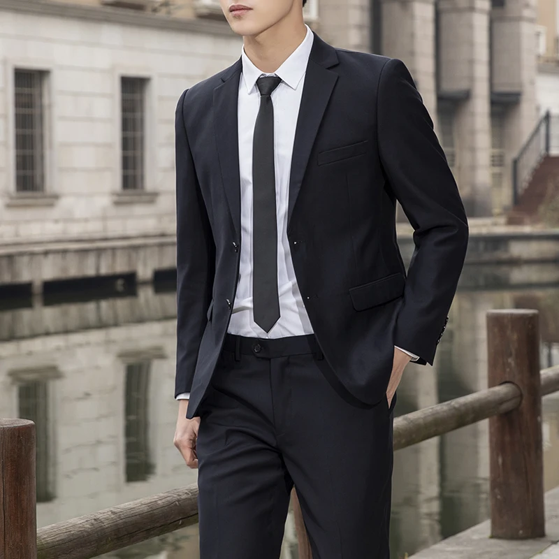 Men's High-Quality Professional Business Suit Solid Color Casual Two-Piece Set Fashion Wedding Handsome Trousers Included