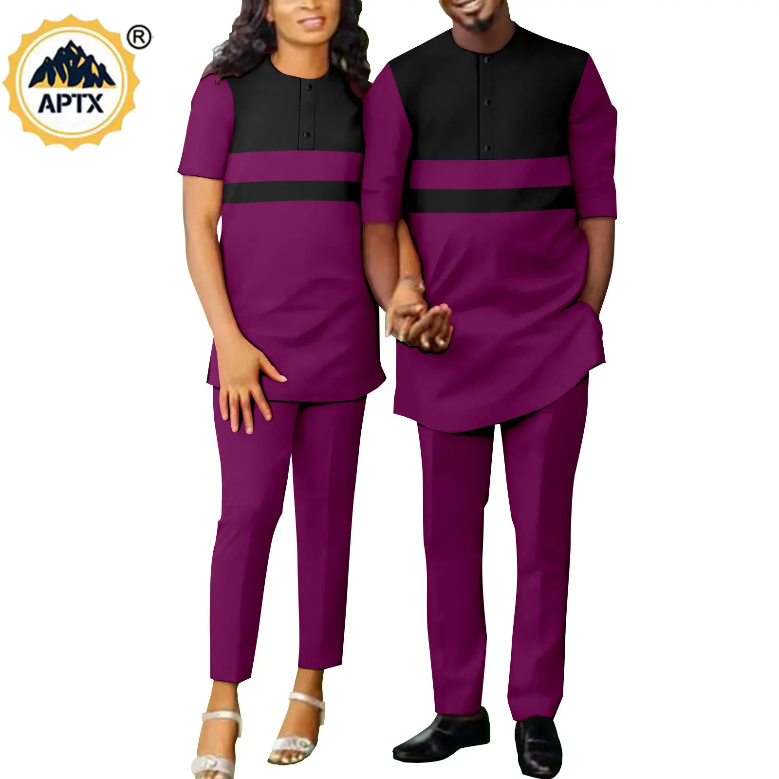 African Clothes for Couples Bazin Riche Nigeria Kaftan Dashiki Casual Women Top Shirts and Pants Sets Match Men Outfits Y22C032