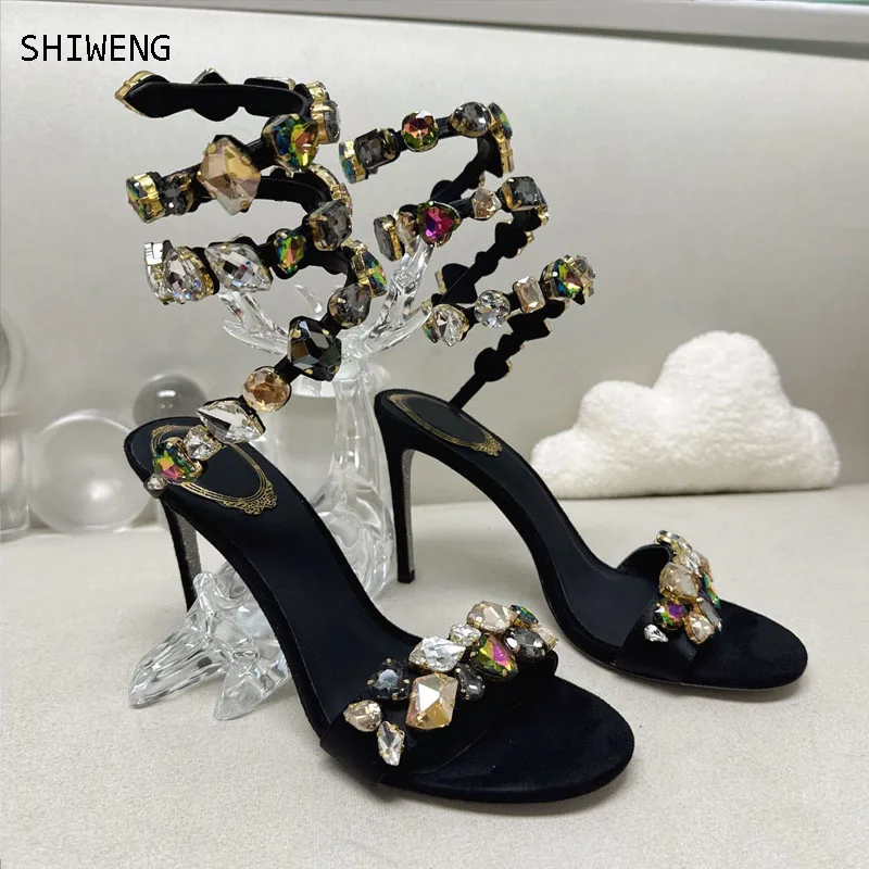

Summer High Heels Gladiator Sandals Women Snake Ankle Strap Rhinestone Sandals Woman Stiletto Wedding Shoes Women Sandalias 2023