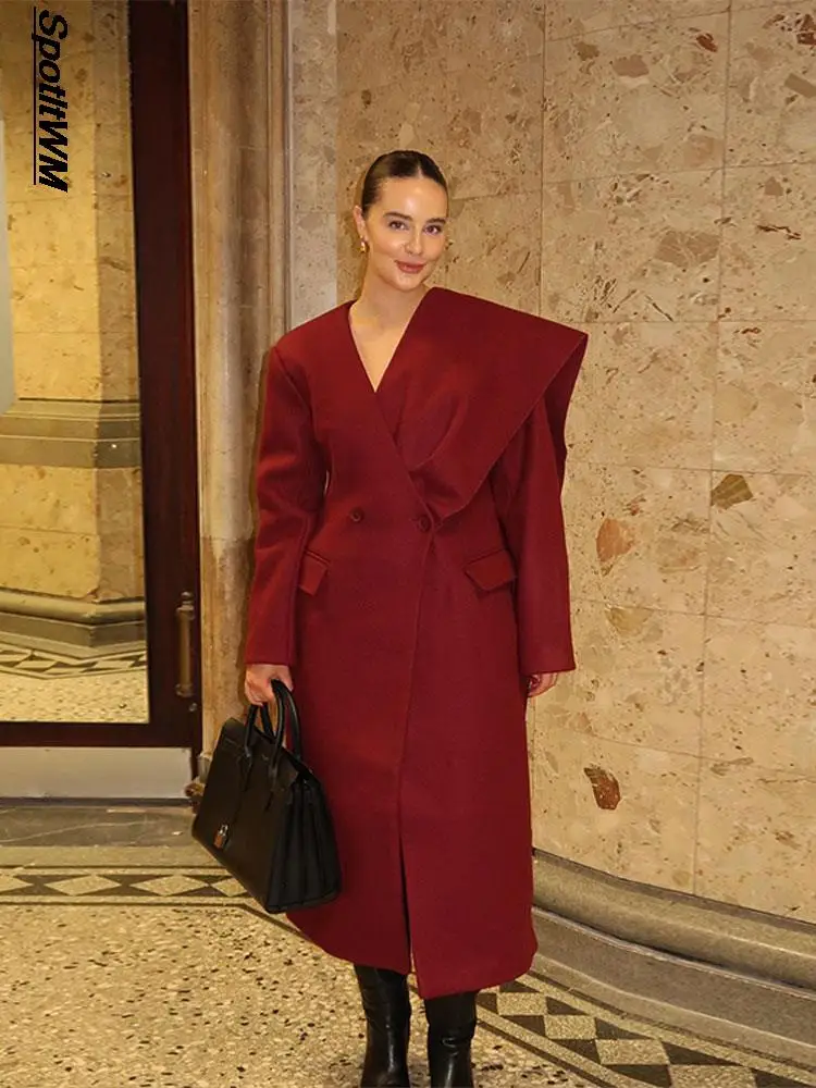 

Модное красное шерстяное пальто с V-образным вырезом, женское темпераментное двубортное теплое пальто с длинным рукавом и карманами, зимнее офисное Женское пальто
