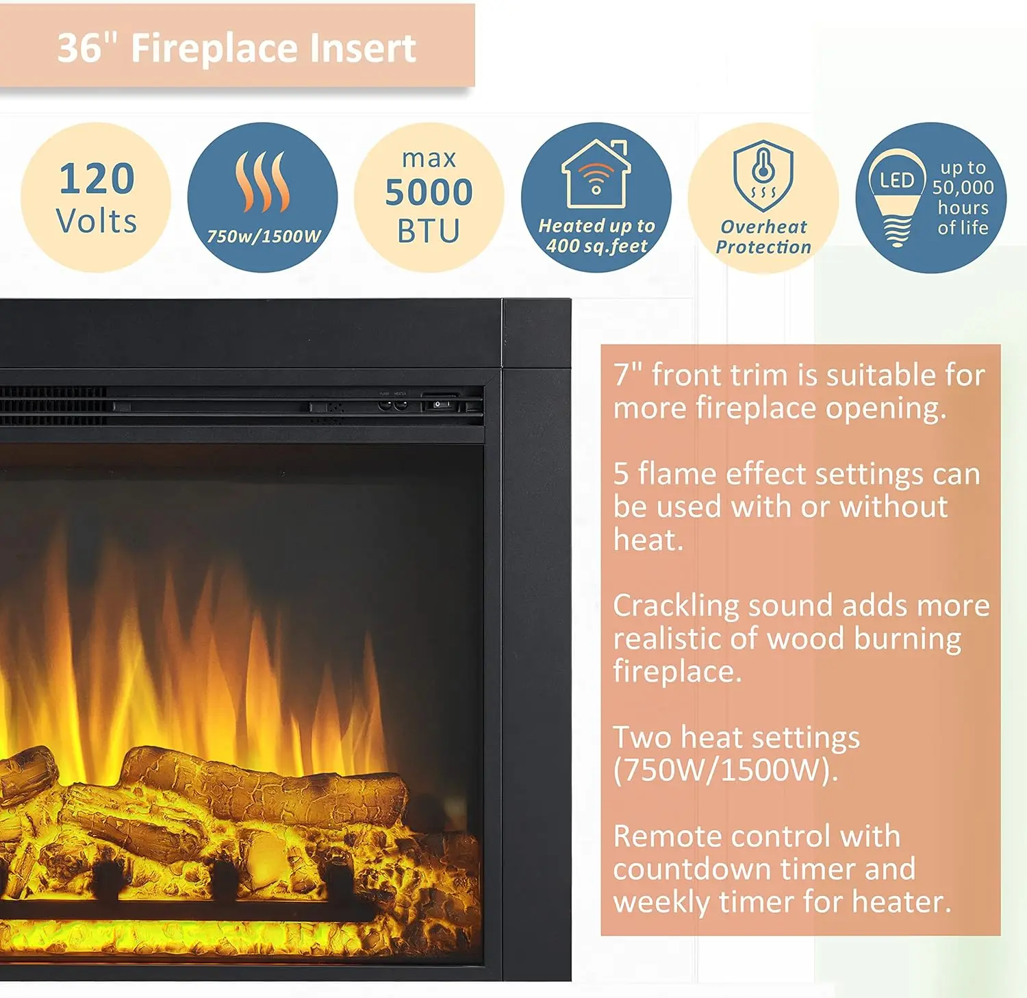 Jaden 36" W x 26" H (EF443) Electric Fireplace Insert with Front Trim Kit Fire Crackling Sound 750W/1500W Heater Remote Control