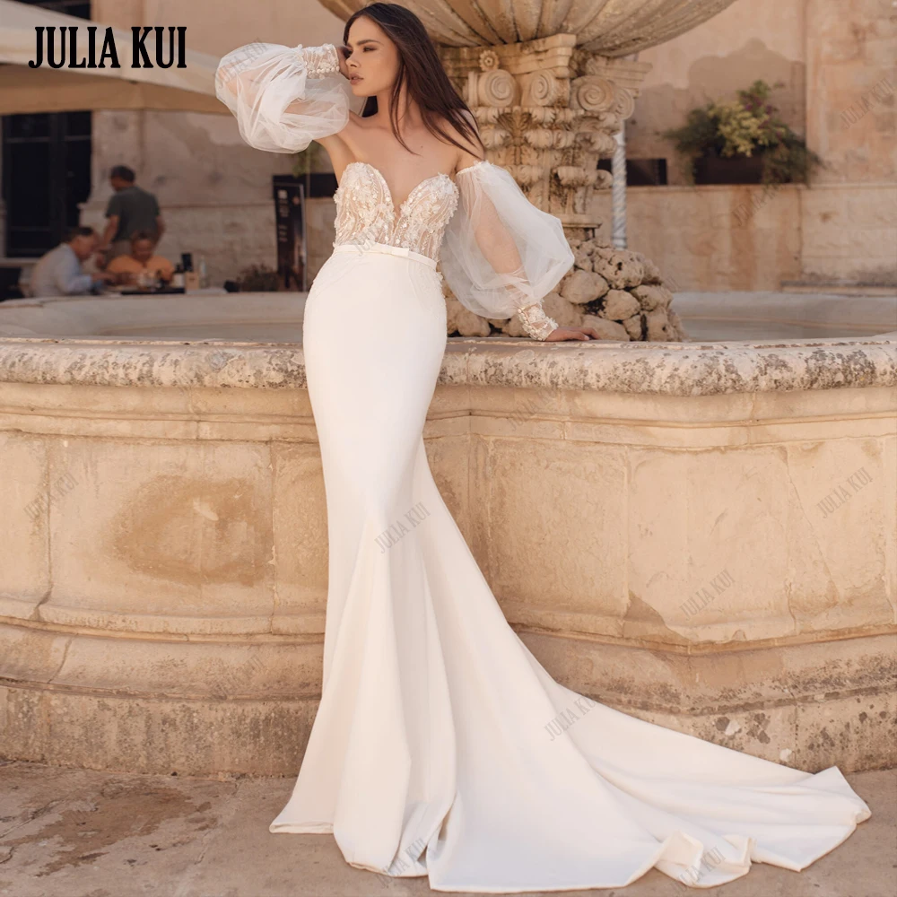 

Julia Kui Chic Off Shoulder Sleeve Sweetheart Mermaid Wedding Dress Elegant Beading Lace Vestido De Noiva Trumpet Bridal Gowns
