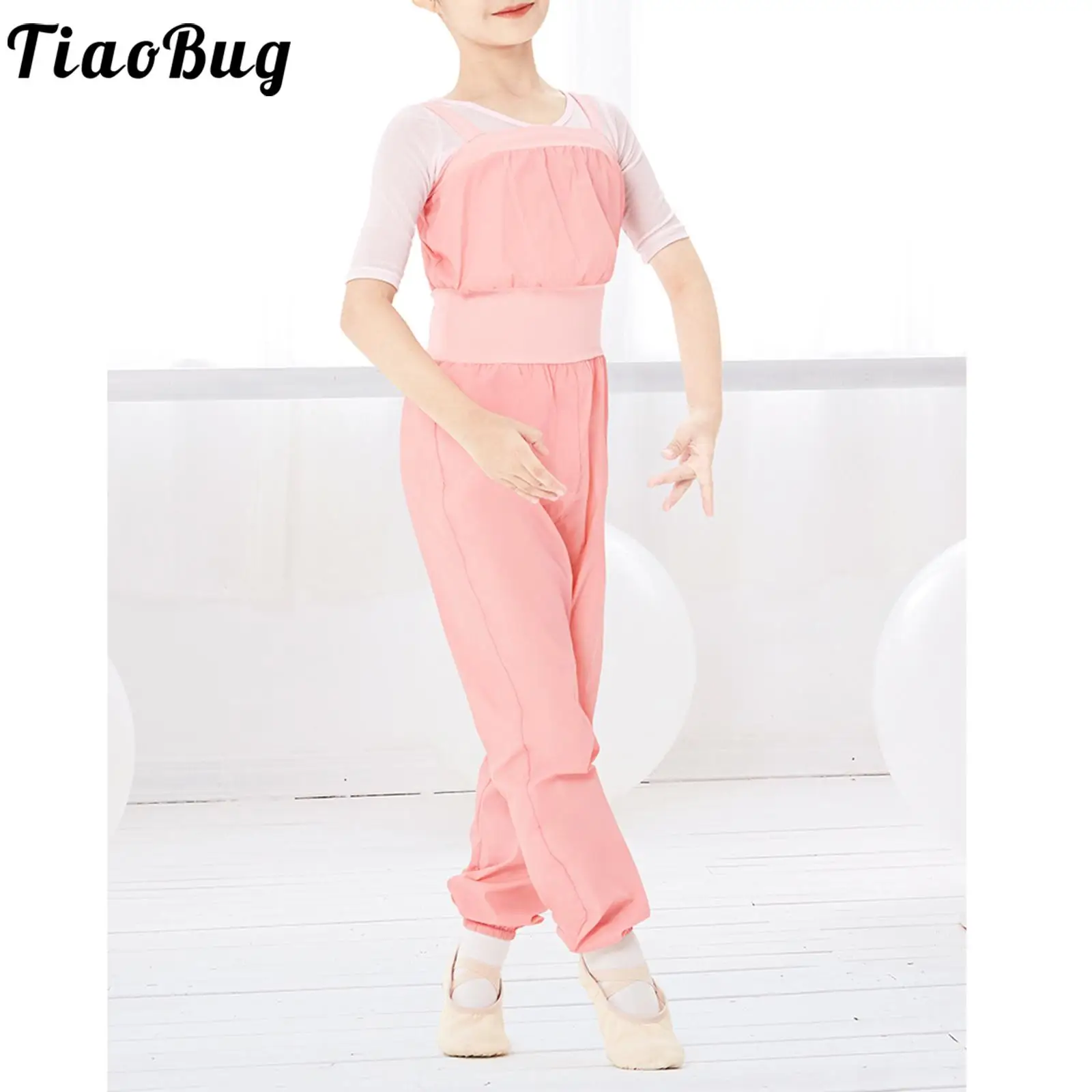 

Kids Girls Ballet Sleeveless Jumpsuit Wide Shoulder Straps Overalls Gymnastics Dance Warm Up Training Bodysuit Ballerina Costume