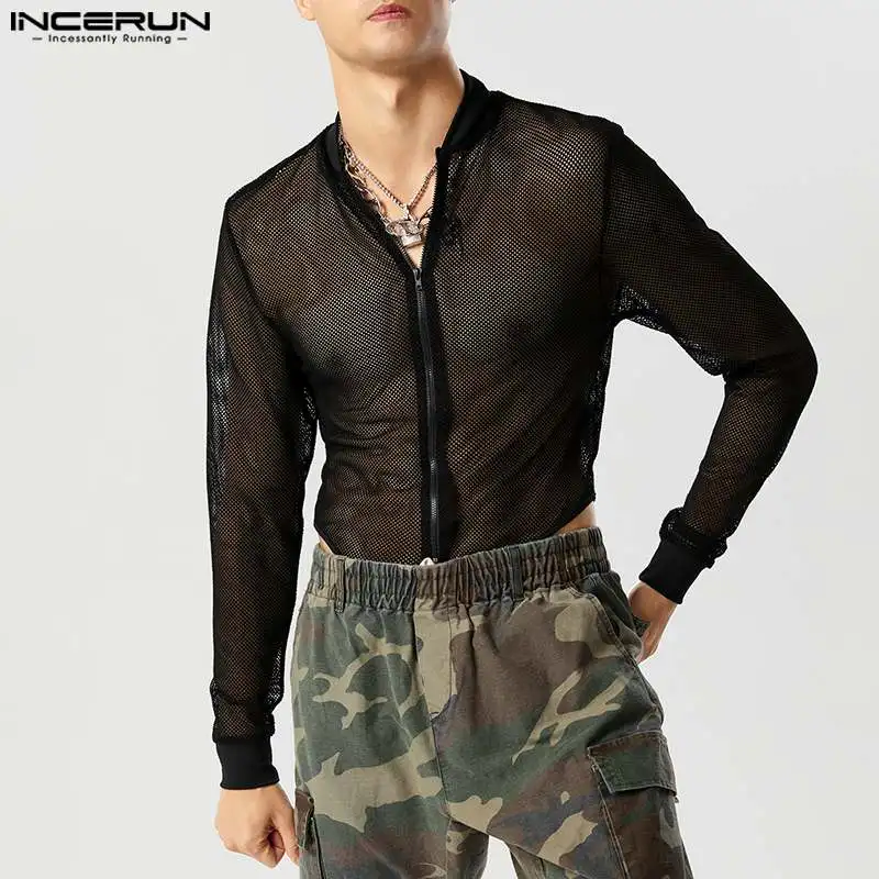 

INCERUN 2023 Sexy Loungewear Mens Bodysuit Mesh Zipper Design Casual Well Fitting Male See-through Thin Triangle Bodysuits S-5XL