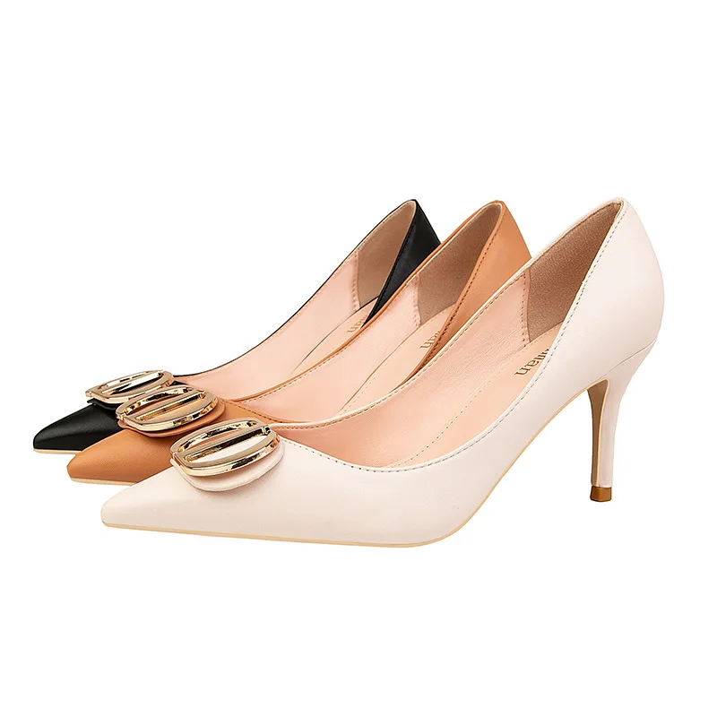 2022New Metal Buckle Fashion High Heels Shoes Women Pumps Pointy Toe Soft Leather Female Wedding Dress Shoes Black Shallow Heels