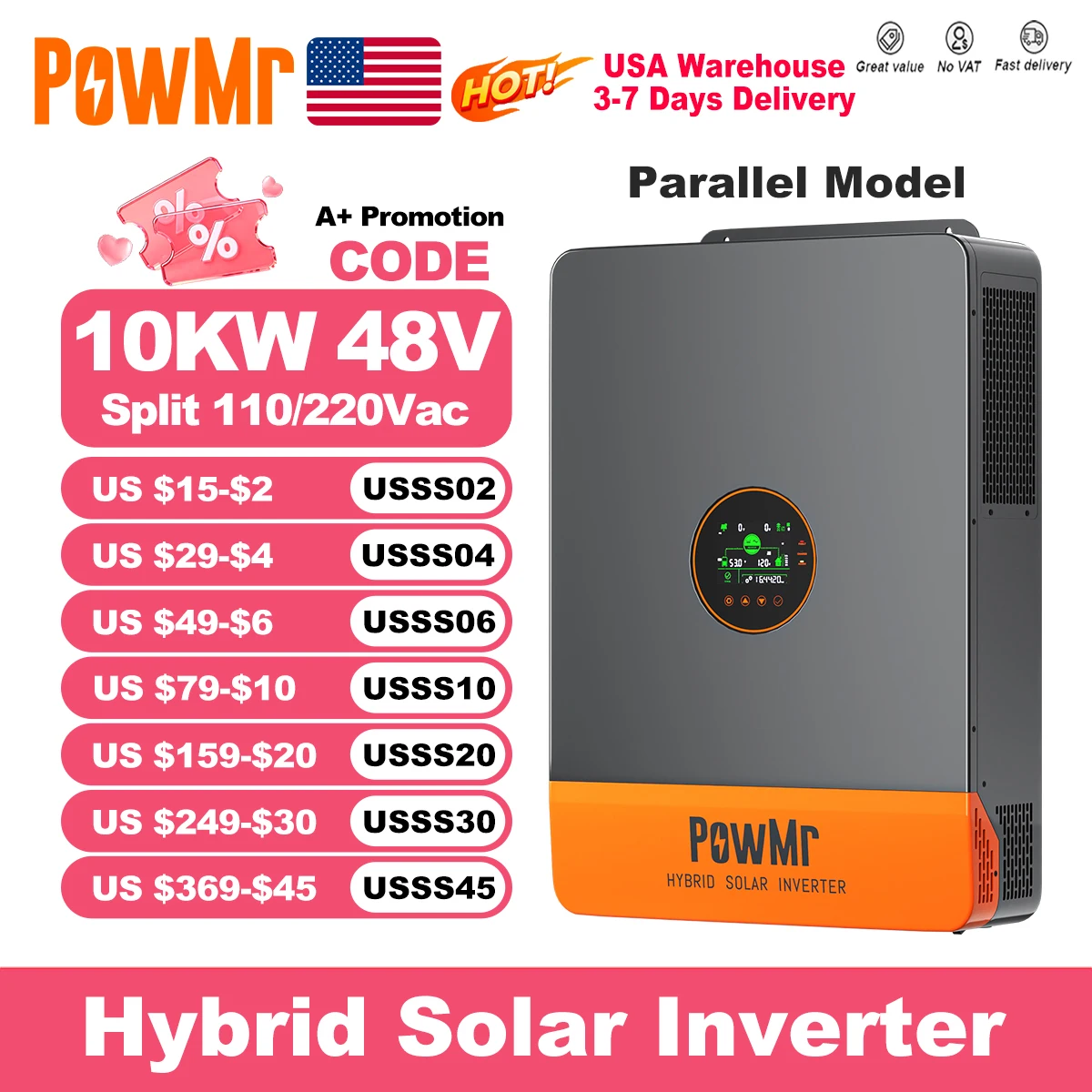 PowMr Split Phase MPPT Solar Inverter 10KW Rated Power 120/240VAC Output 48V LithiumBattery Dual MPPT Tracker 200A Charger