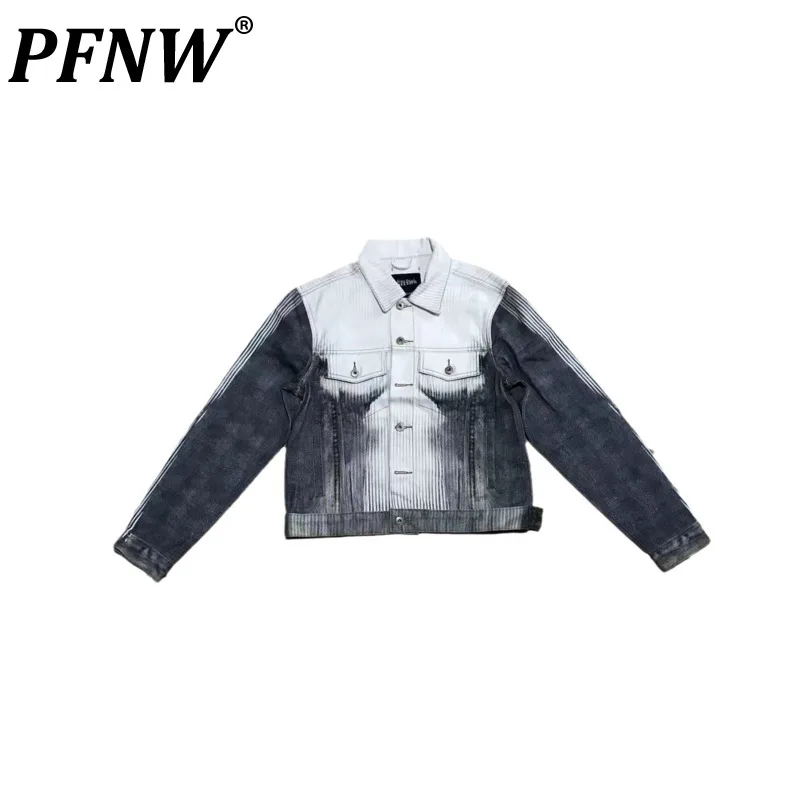 

PFNW Men's Autumn Niche Design Stripe Gradient Abdominal Muscle 3D Visual Digital Print Denim Jackets Fashion Short Coat 12Z4364