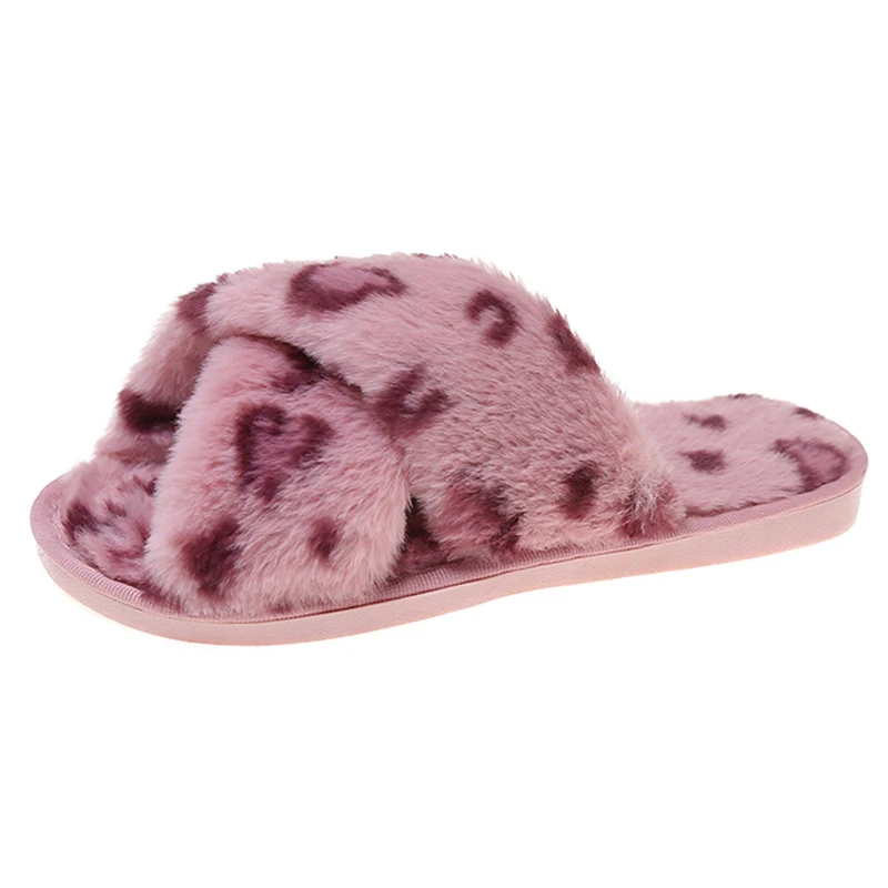 2022 New Leopard Pattern Bedroom Slippers Women Fluffy Slippers Indoor Cross Flat Warm Plush Shoes Women Open Toe Slippers indoor fur slippers Indoor Slippers