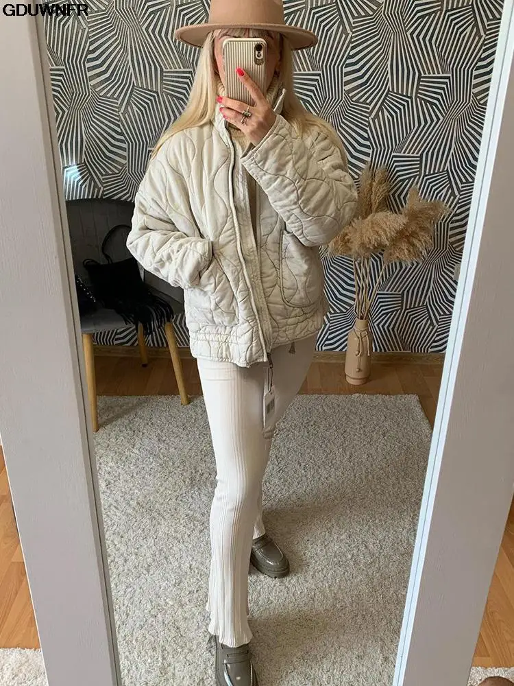 ZA Women's Cotton Coat 2023 Winter Fashion Pocket Drawstring Warm Vintage Long Sleeve Zipper Female Outerwear Tops Jacket 4