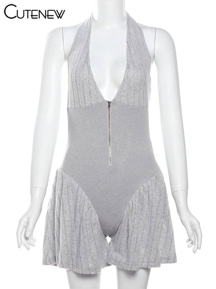 Monos de retazos con cuello halter para mujer, informales, a rayas, sin mangas, con cuello en V, con cremallera y escote entallado, ropa de verano concisa para mujer