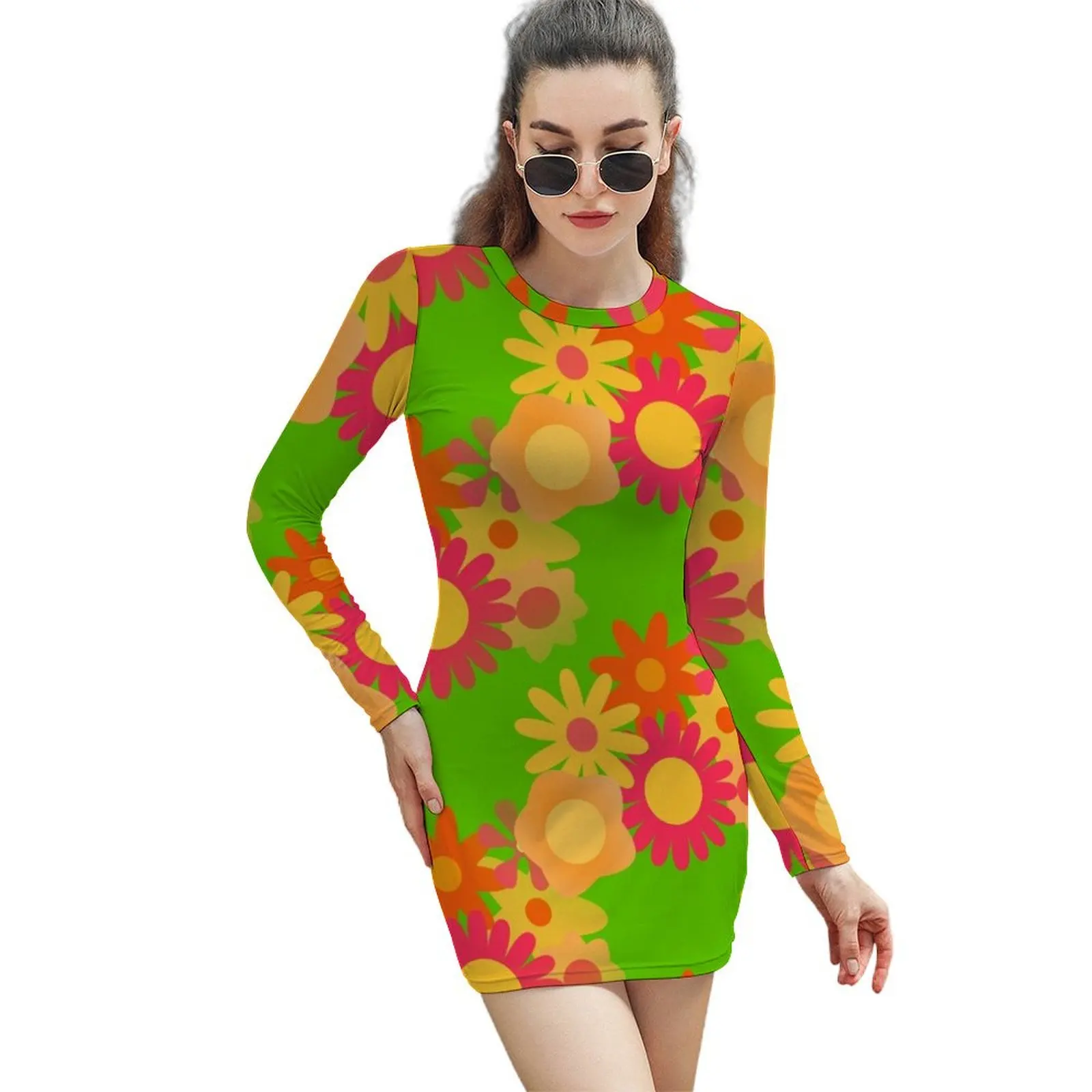 

1960s vintage groovy mod floral Long-Sleeved Sheath Dress evening dress womans clothing sexy dress for women