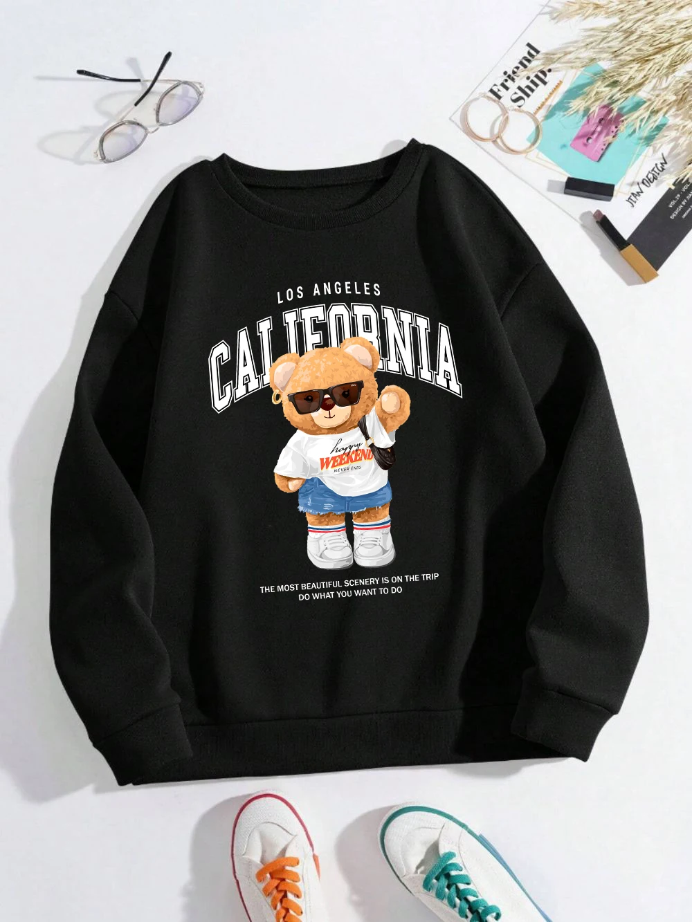 Autumn Winter Womens Pullover California Letter Trend Bear Printing Hoodie Loose Crewneck Warm Fleece Sweatshirt Street Clothing 4