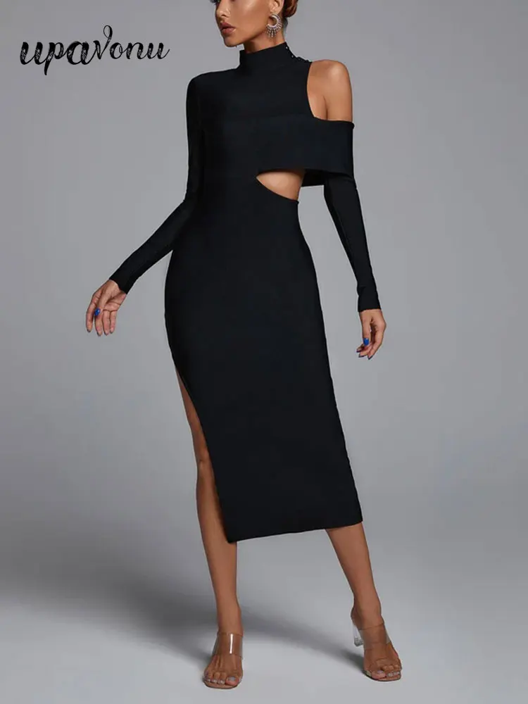 

Sexy Standing Neck Long Sleeve Hollow Bodycon Black Bandage Dress Women's Fashion Cocktail Evening Club Party Dresses Vestidos