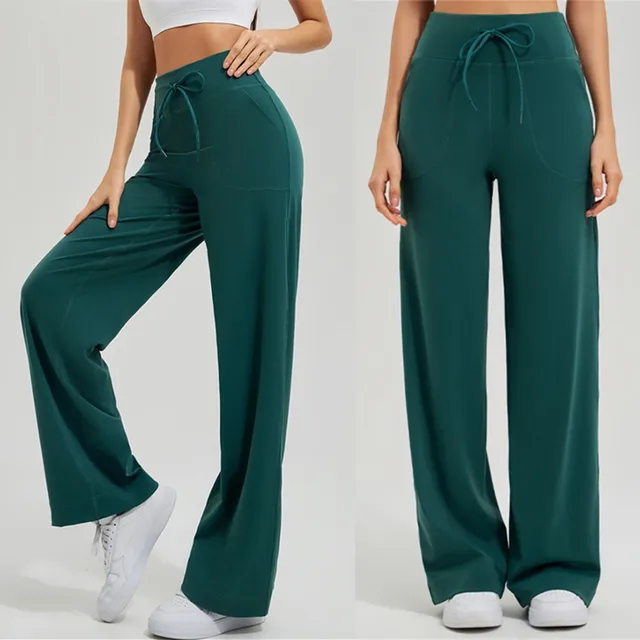 Women's High Waist Stretch Yoga Pants with Pockets Drawstring Quick Dry Loose Running Pants Gym Outdoor Training Wide Leg Pants